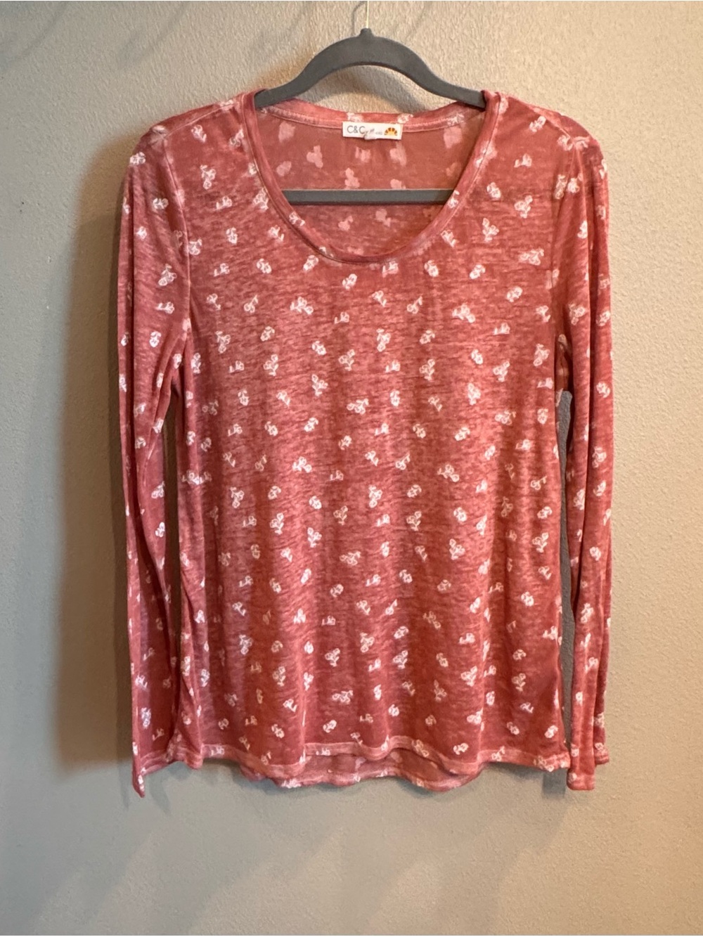 C&C California Long Sleeve Burnout Top - Rust with White Floral Print